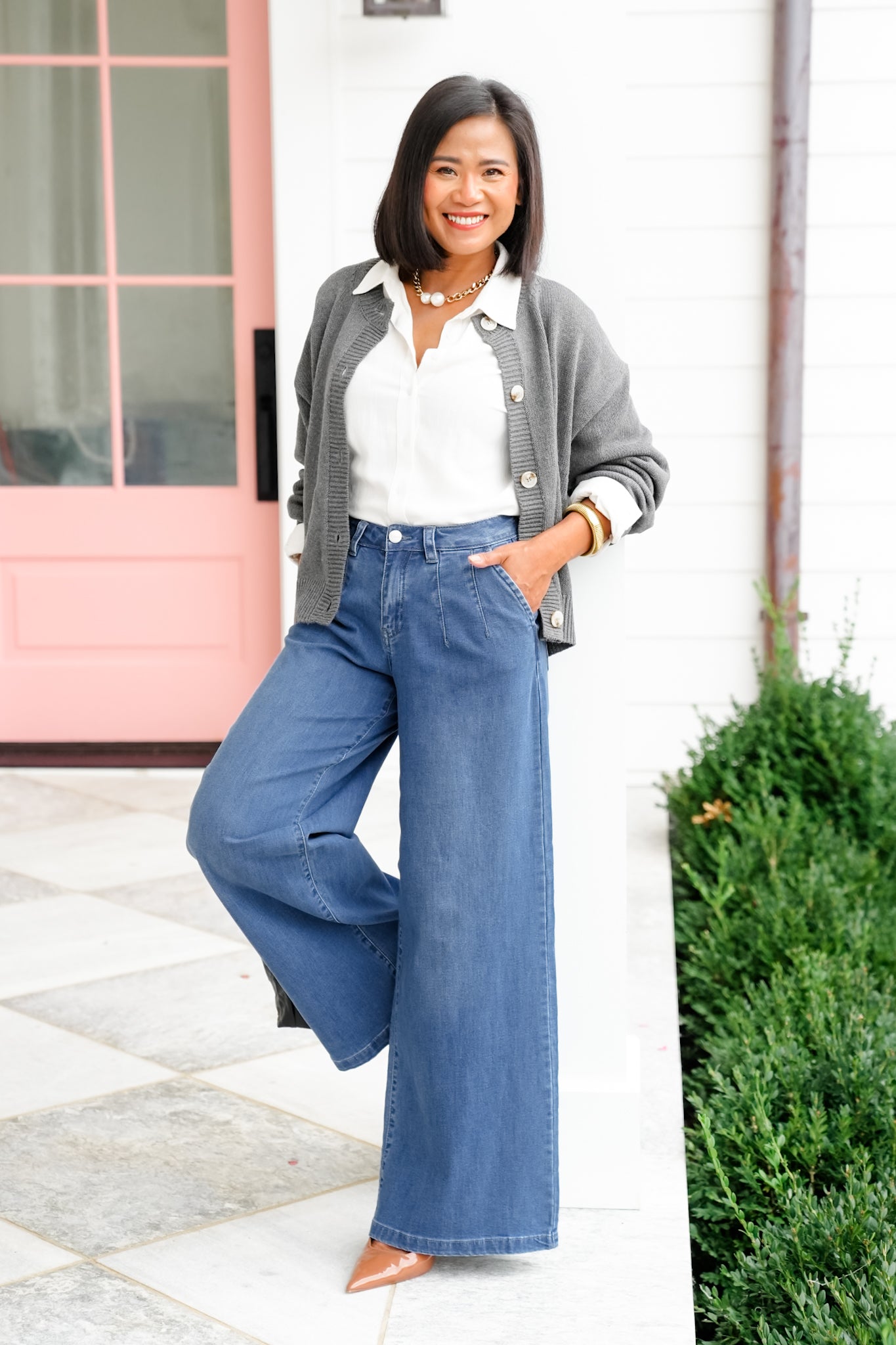 Risen Mid Rise Medium Wash Wide Leg Knit Jeans