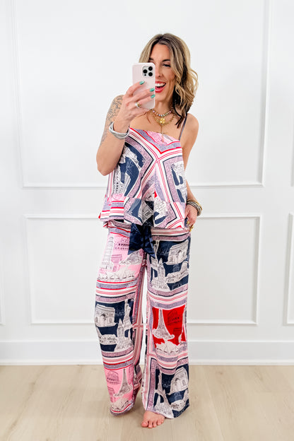 Destination Print Elastic Waistband Wide Leg Pants