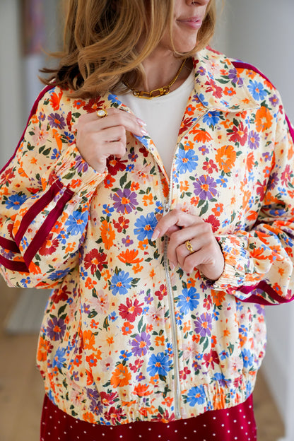 Plus/Reg Floral Long Sleeve Zip-Up Bomber Jacket