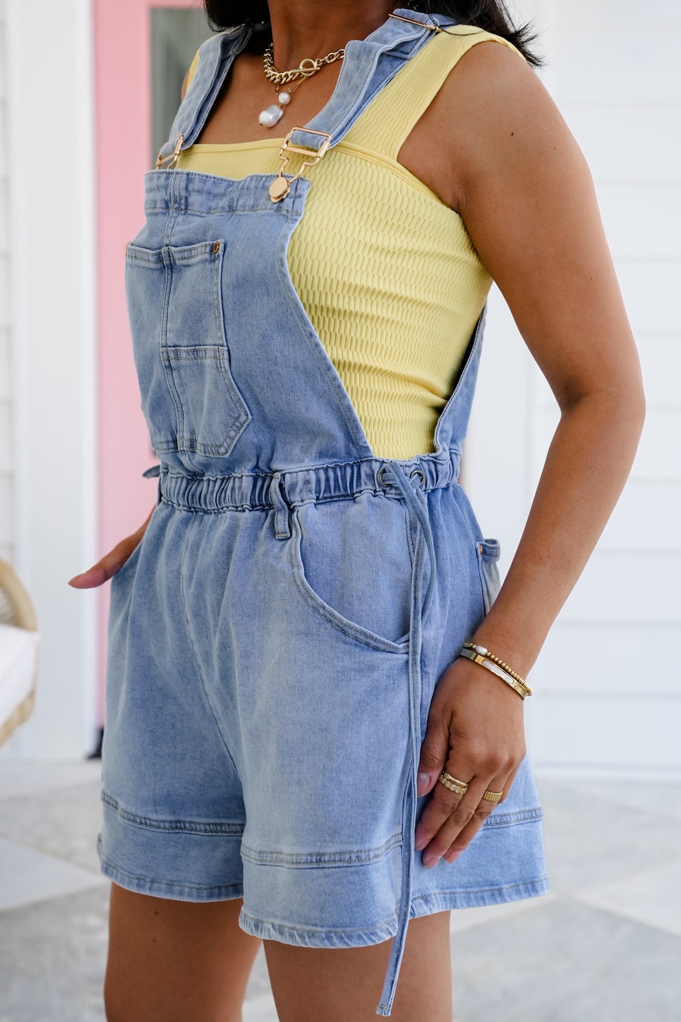 Denim Bib Short Overalls with Drawstring Waist Detail