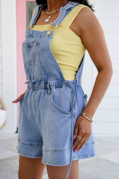 Denim Bib Short Overalls with Drawstring Waist Detail