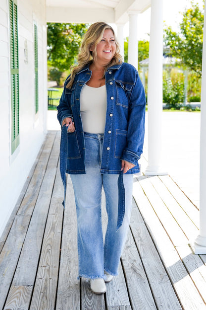 Plus/Reg Judy Blue Dark Denim Button Down Mid Length Utility Jacket