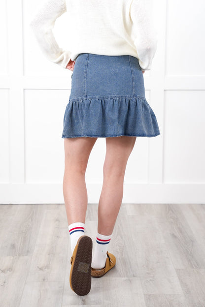 Denim Ruffle Skirt with Side Zipper