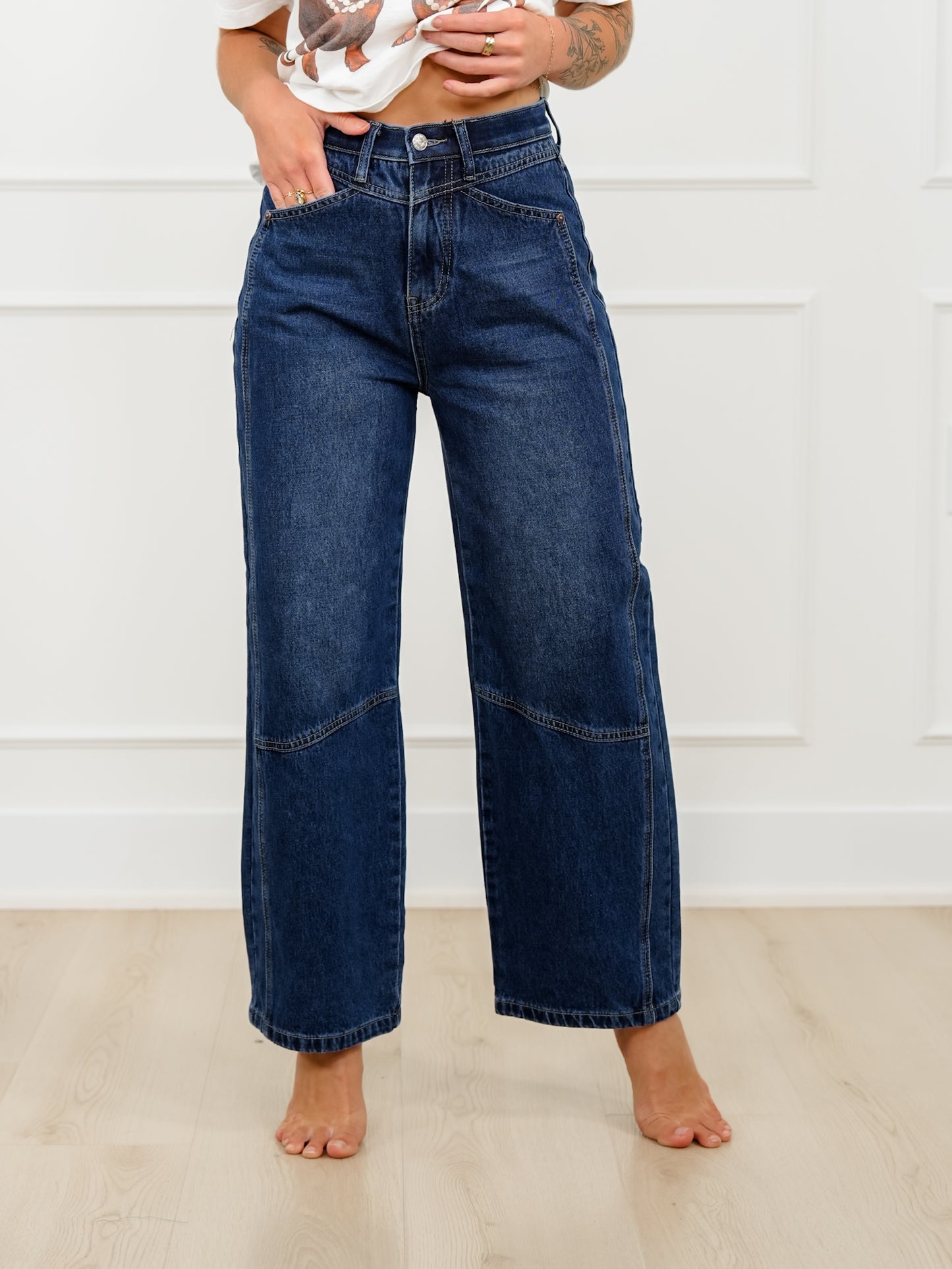 Saige High Rise Dark Wash Tummy Control Low Curve Barrel Jeans