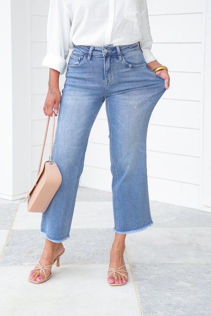 Lovervet High Rise Medium Wash Cropped Slim Wide Leg Jeans