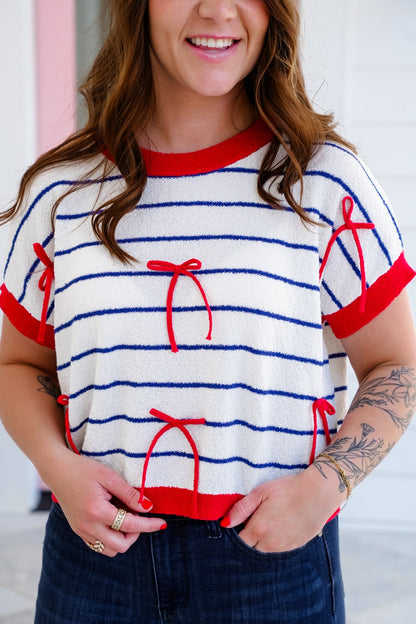 Stripe Short Sleeve Sweater with Bow Detail