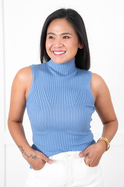 Ribbed Sleeveless Mock Neck Knit Top