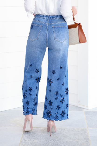 The Bluebelle Wide Leg Relax Fit Jeans with Floral Cutout