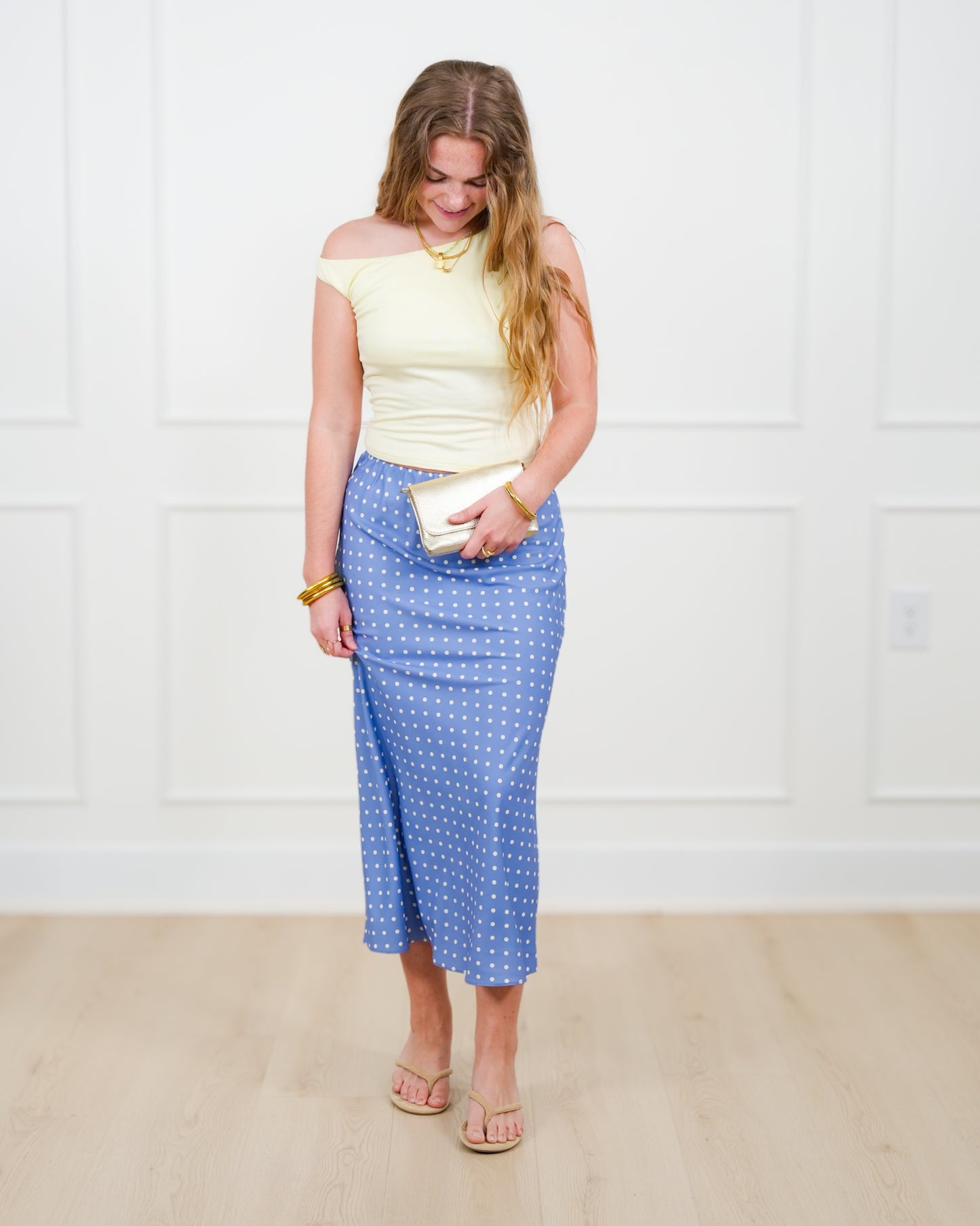 Satin Polka Dot Elastic Waist Midi Skirt