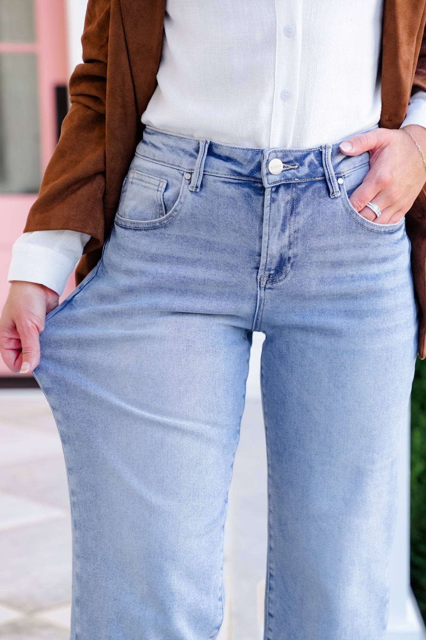 Risen High Rise Light Wash Cuffed Barrel Jeans