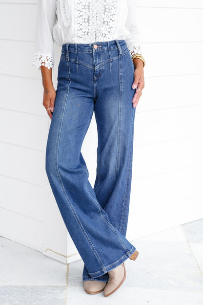 Risen High Rise Dark Wash Wide Leg Jeans with Front Yoke Detail