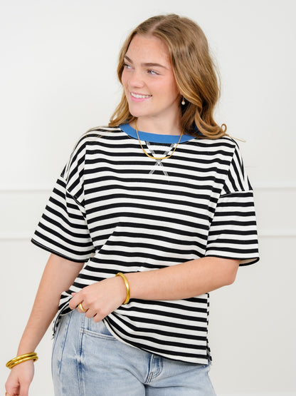 Plus/Reg Black Stripe Short Sleeve Knit Top