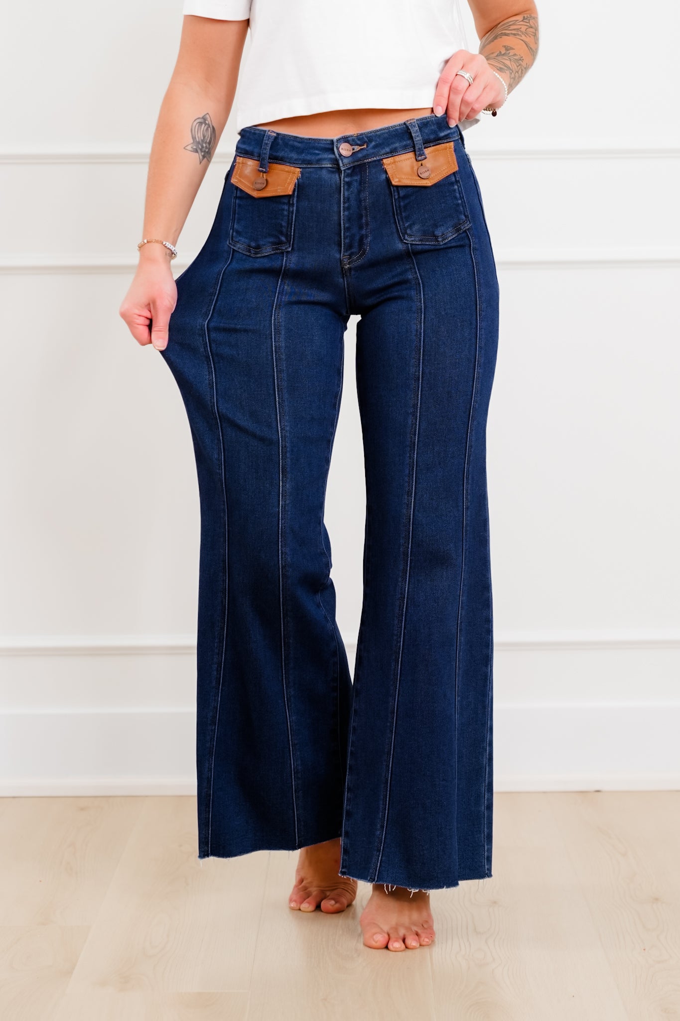 Risen High Rise Dark Wash Wide Flare Jeans with Leather Pocket