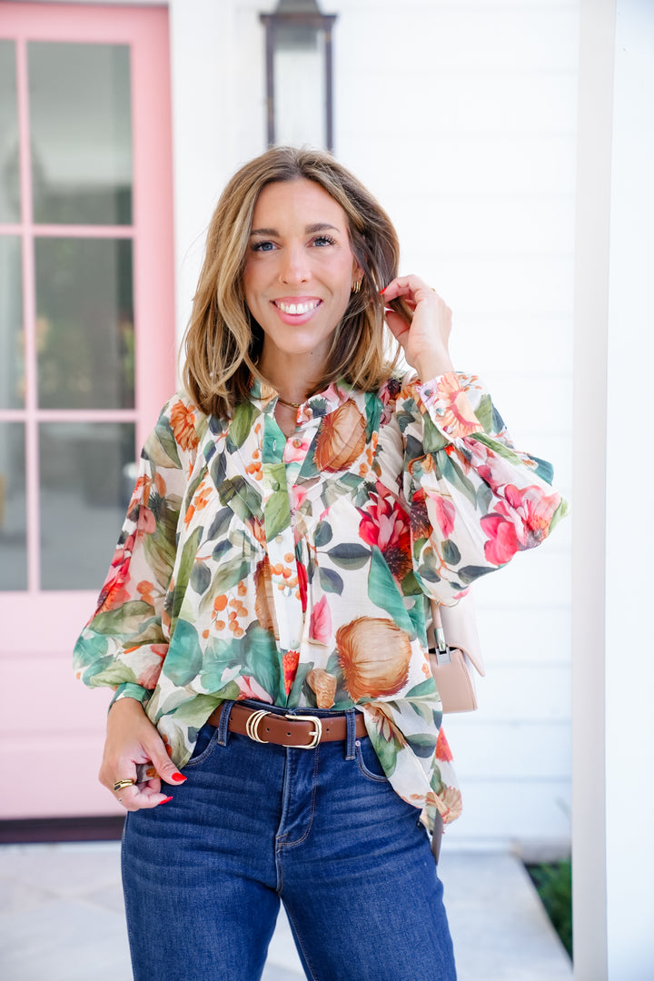 Floral Print Long Sleeve Button Down Top