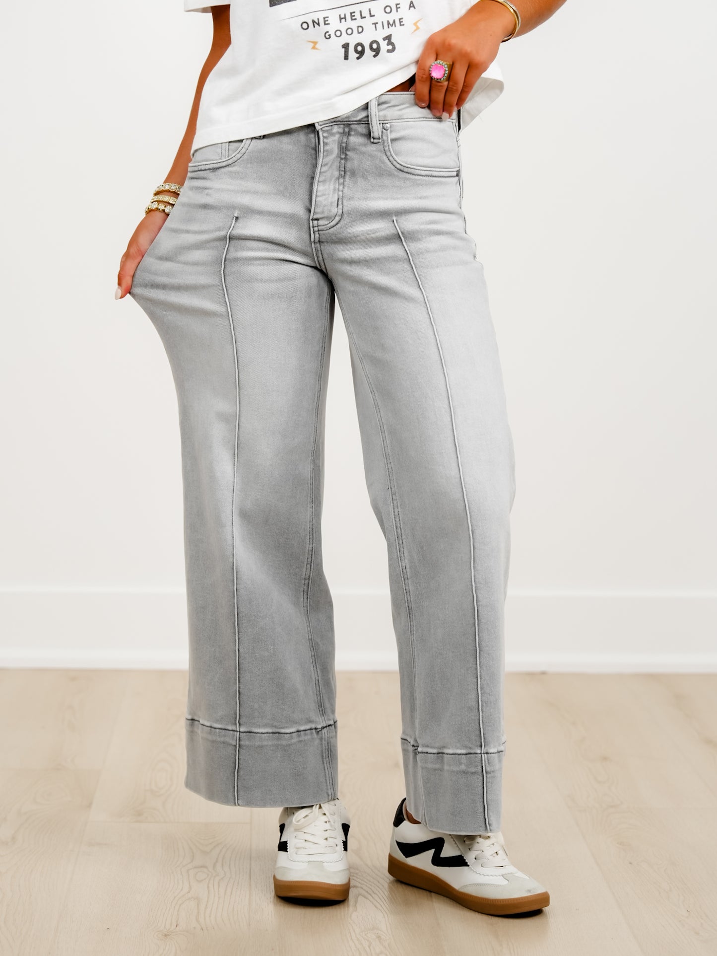 Risen The Wild Card Mid Rise Grey Tummy Control Wide Leg Front Pintuck Jeans
