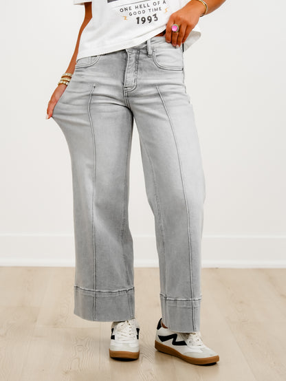 Risen The Wild Card Mid Rise Grey Tummy Control Wide Leg Front Pintuck Jeans