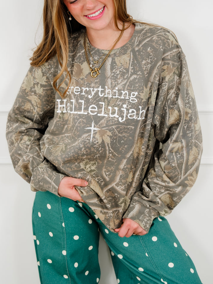 Plus/Reg Camo Long Sleeve "Everything Hallelujah" Graphic Sweatshirt