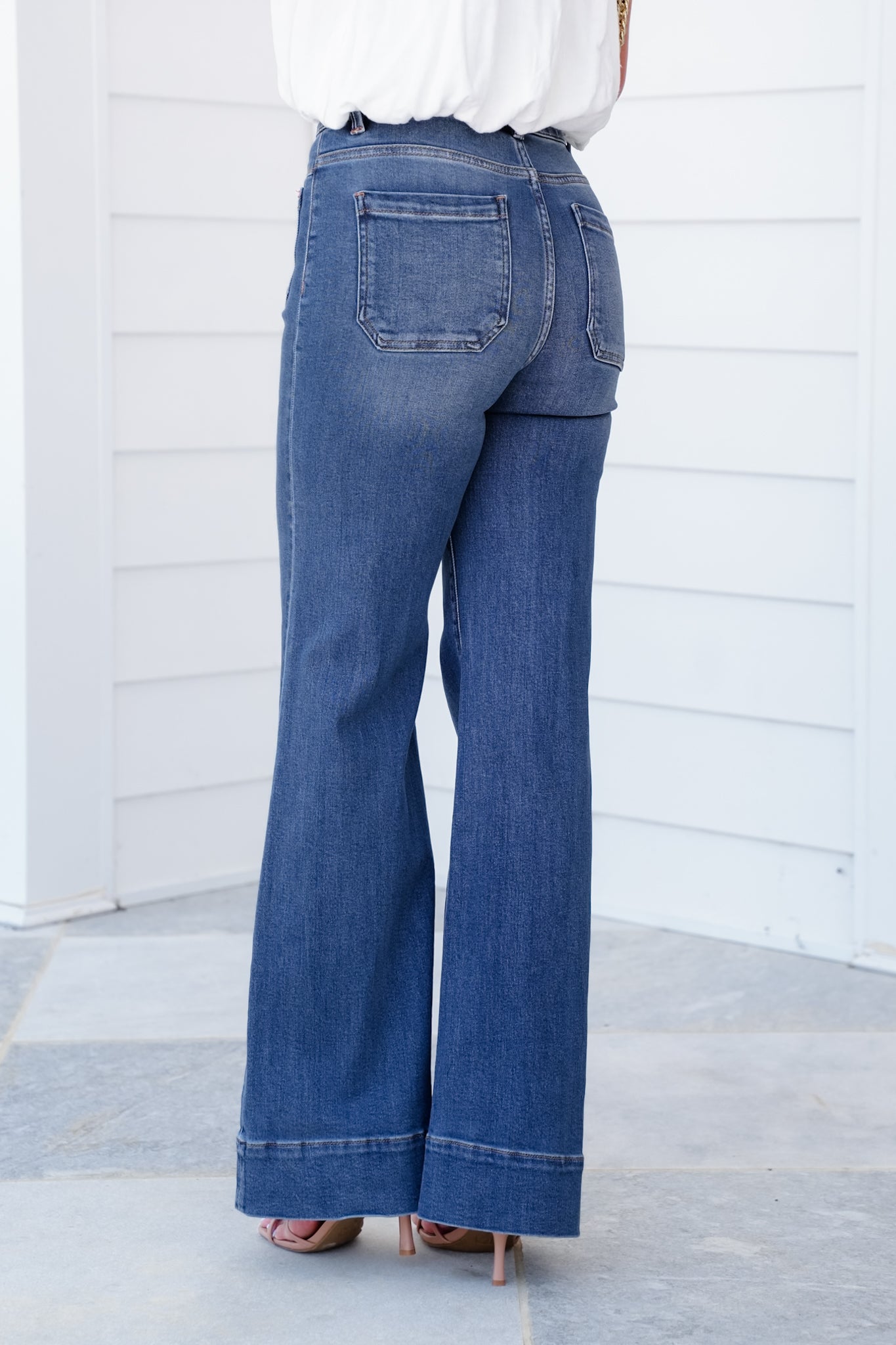Risen High Rise Dark Wash Wide Leg Flare Jeans with Patch Pockets