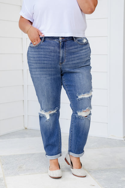 Judy Blue Mid Rise Medium Vintage Wash Distressed Boyfriend Jeans