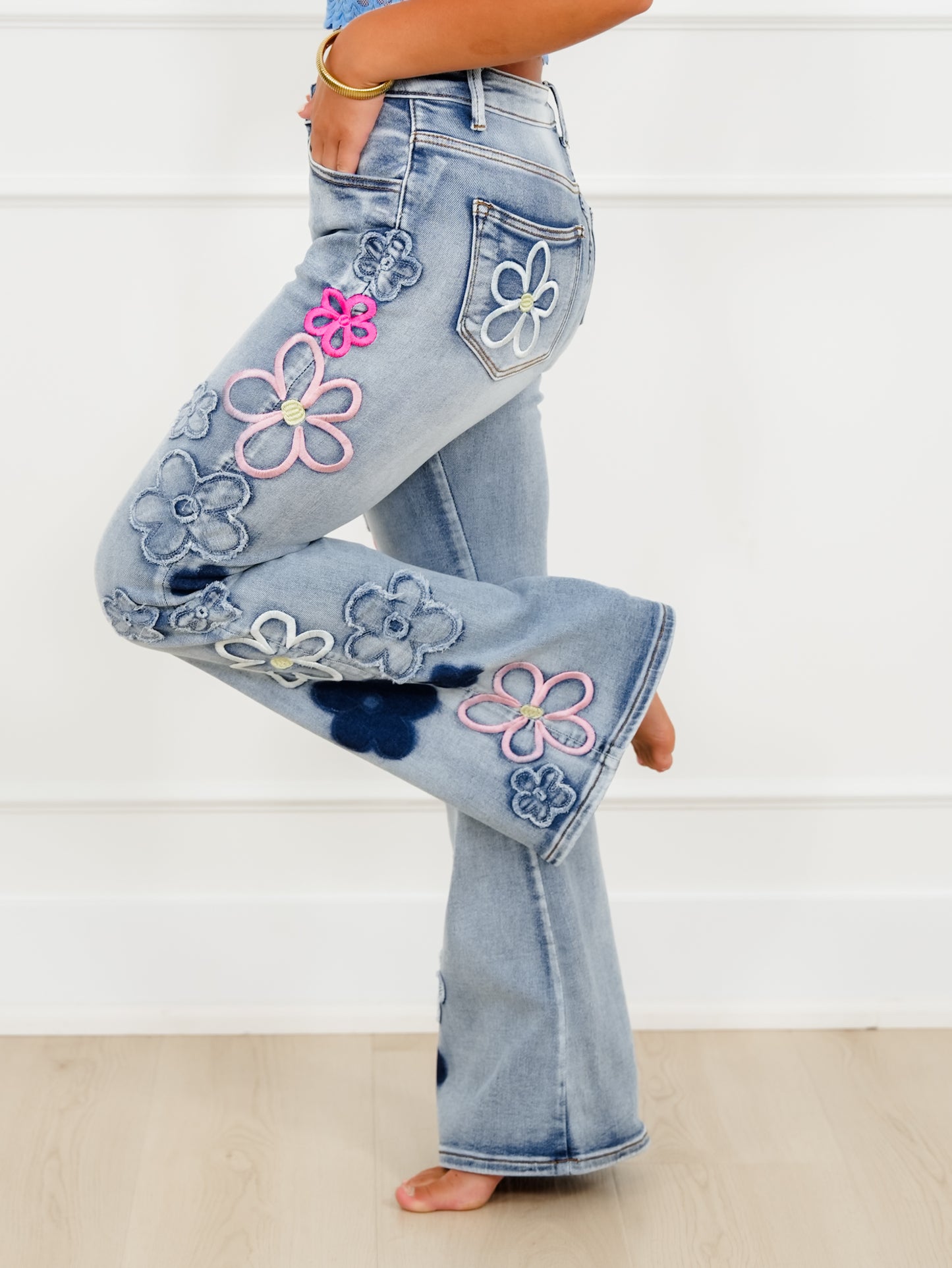 Restock! Mineral Wash Embroidered Retro Flower Flare Leg Denim Pants