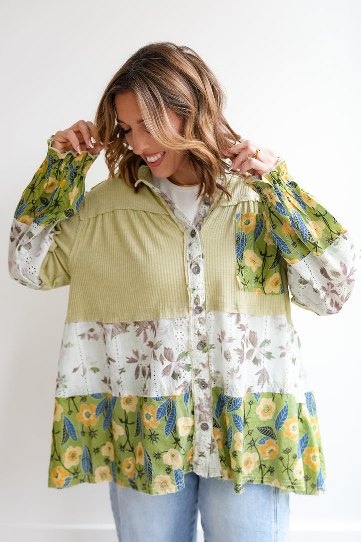 POL Ribbed Long Sleeve Button Up Top with Floral Print