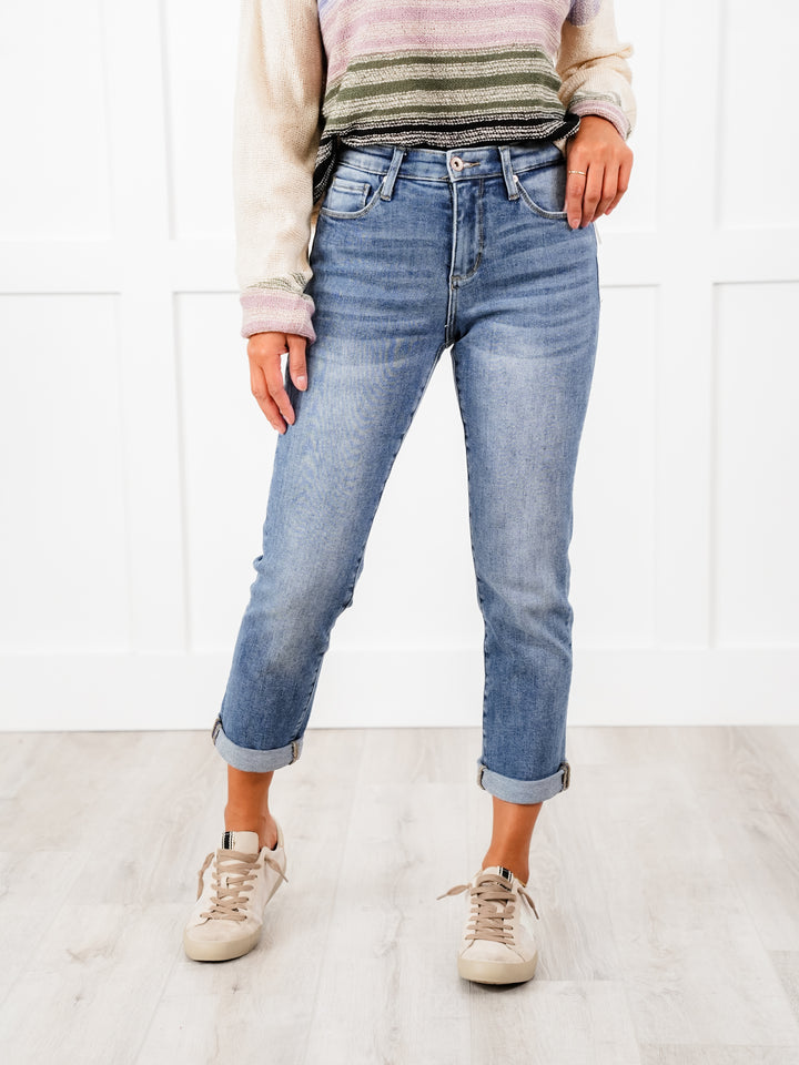 Special A Mid Rise Medium Wash Slim Cuffed Boyfriend Jeans