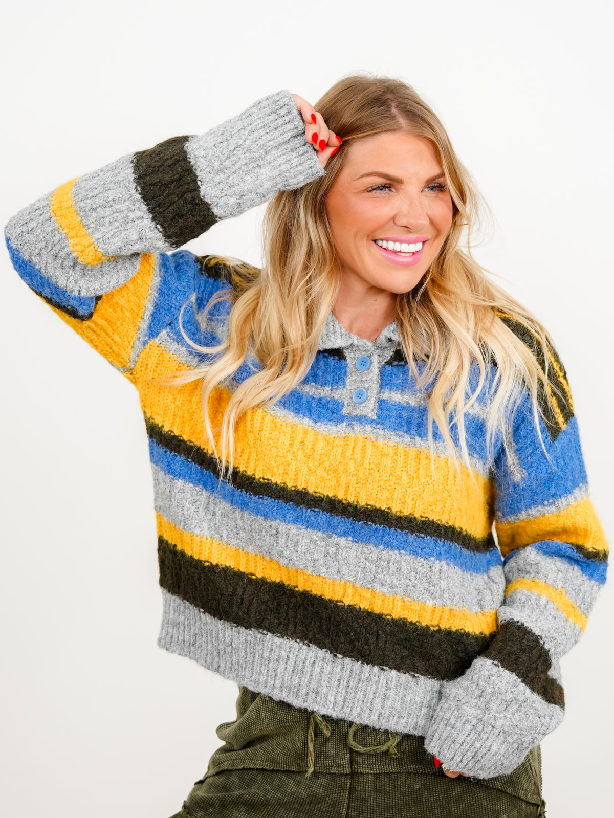 POL Stripe Long Sleeve 1/4 Button Collared Sweater