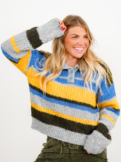POL Stripe Long Sleeve 1/4 Button Collared Sweater
