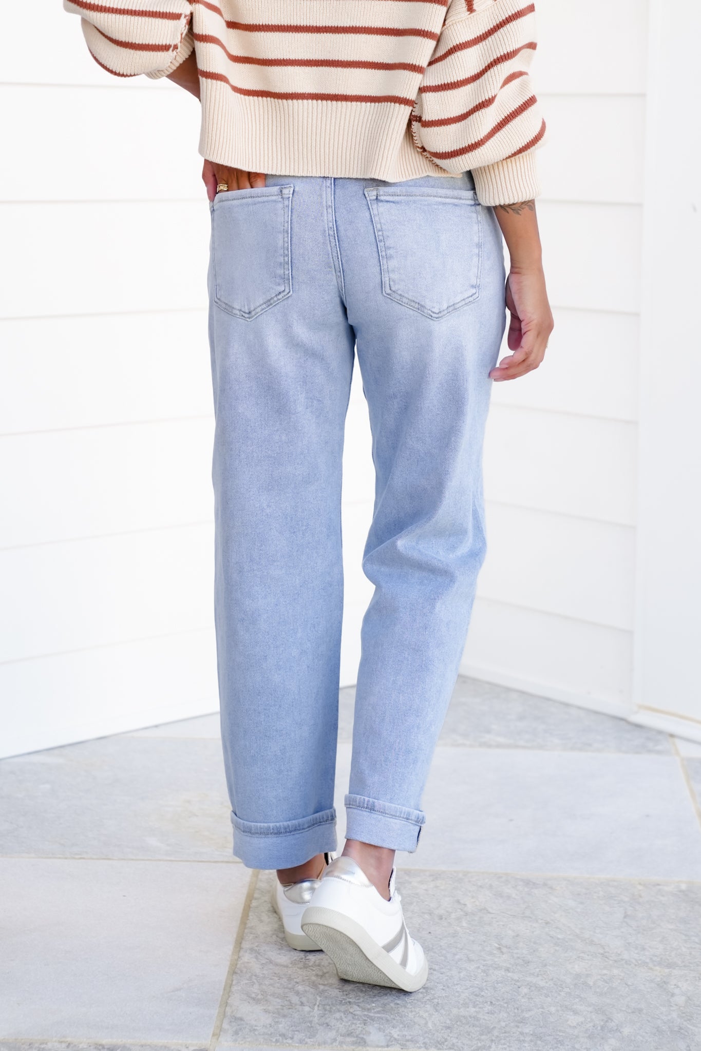 Risen High Rise Light Wash Cuffed Barrel Jeans