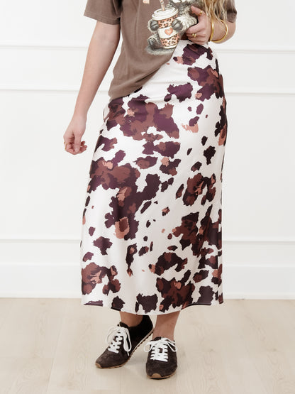 Plus/Reg Satin Cow Print Midi Skirt