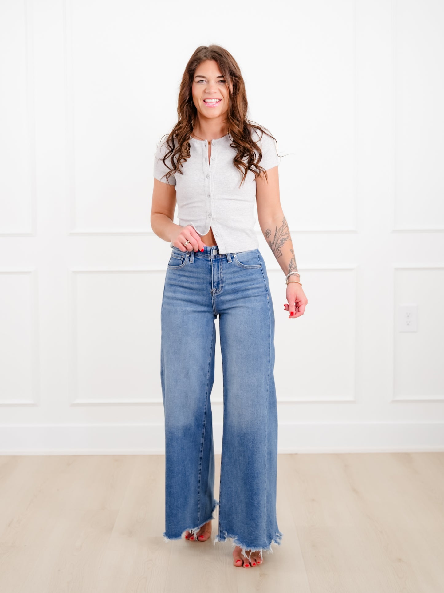Risen High Rise Medium Wash Wide Leg Jeans