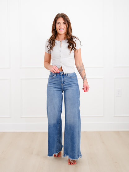 Risen High Rise Medium Wash Wide Leg Jeans