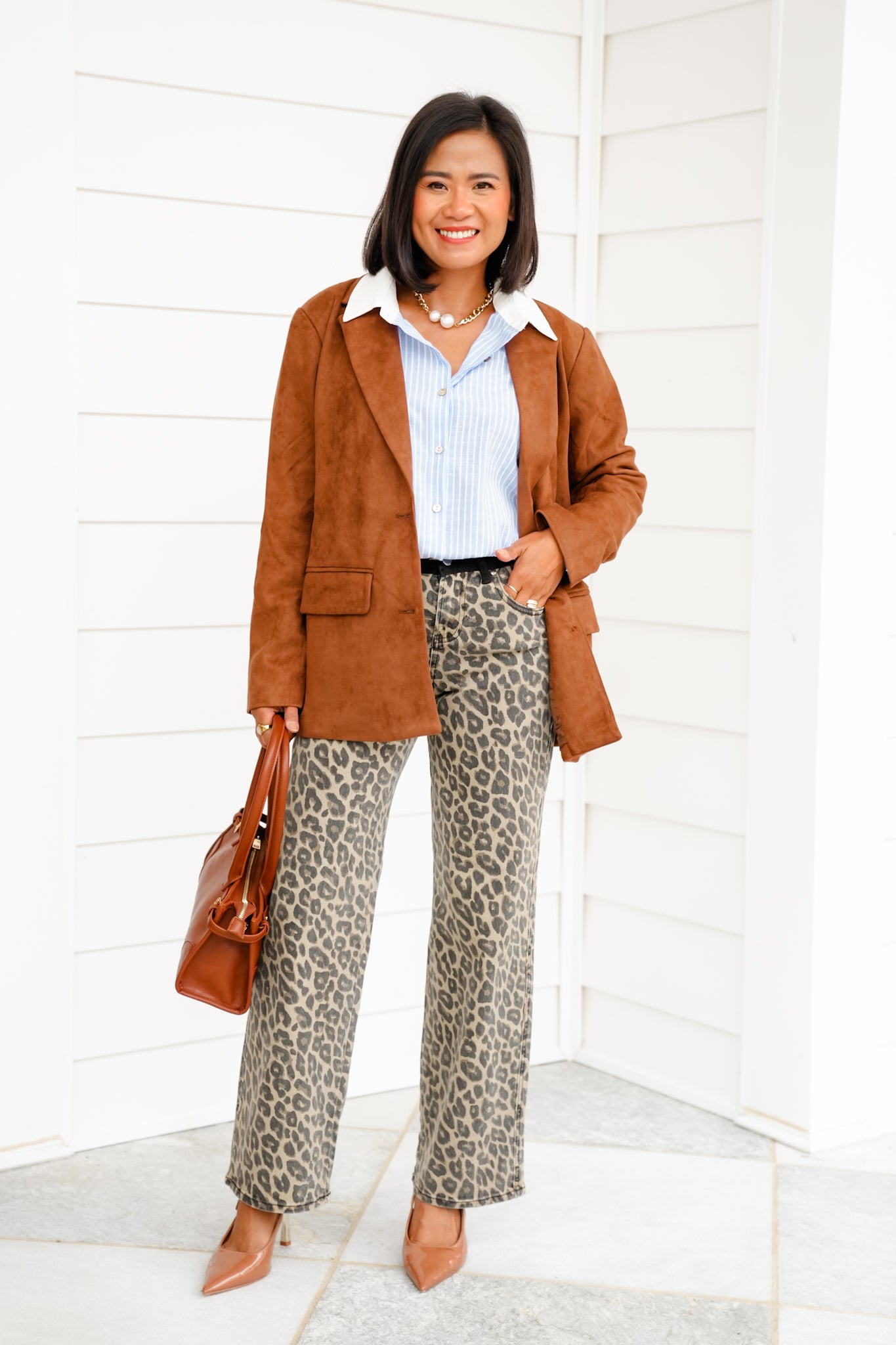 Risen High Rise Leopard Wide Leg Pants with Contrasting Waistband