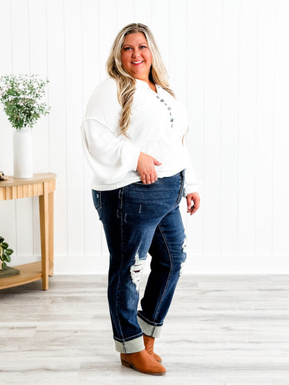 Judy Blue Warm and Cozy Mid Rise Dark Wash Boyfriend Buffalo Plaid Knee Destroy Patches With Cuff Jeans