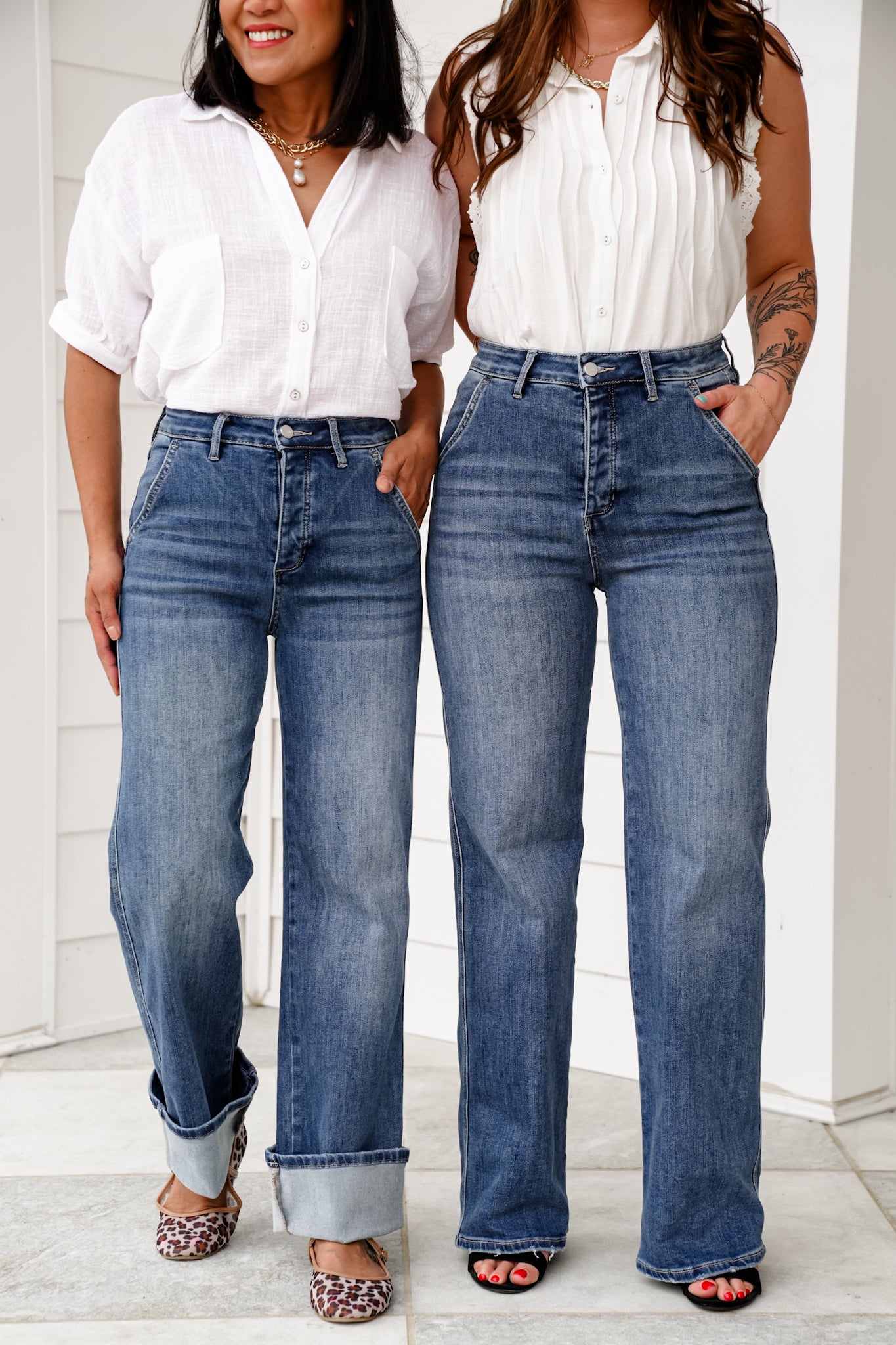 Mica High Rise Medium Wash Cuffed Wide Leg Jeans with Hidden Button Fly