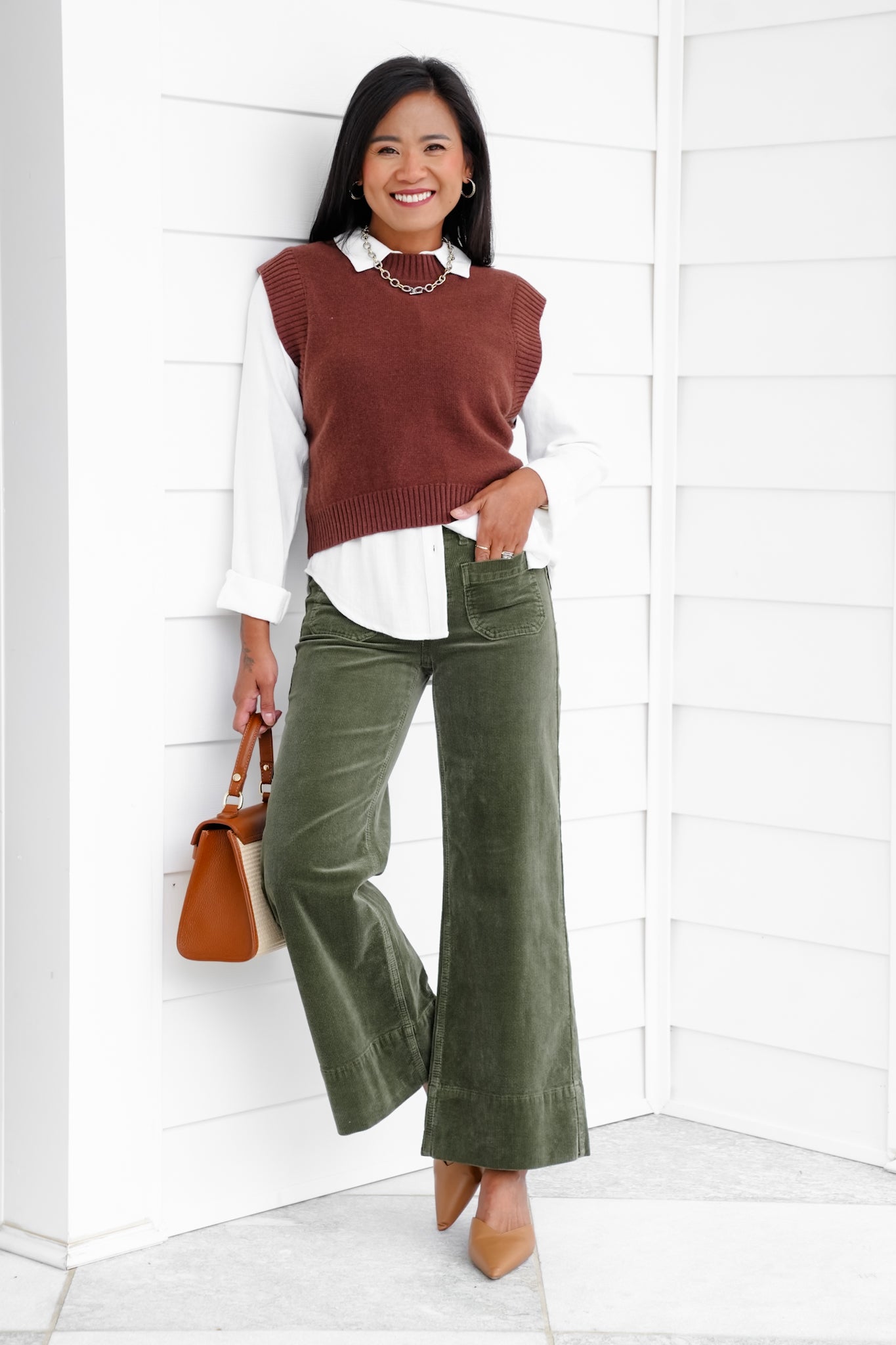 Risen High Rise Green Wide Leg Corduroy Pants with Patch Pockets