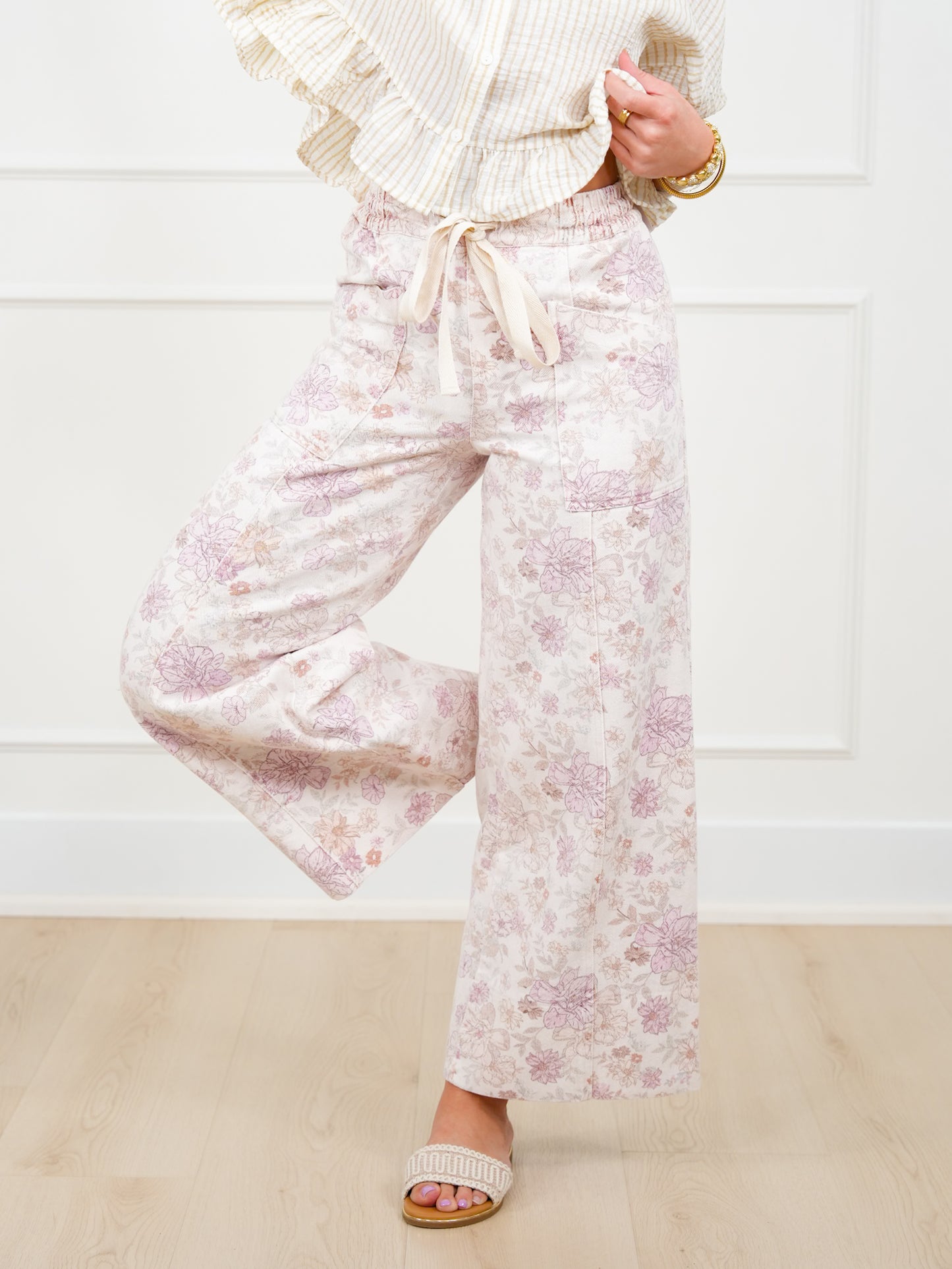 Floral Print Elastic Waist Twill Wide Leg Pants