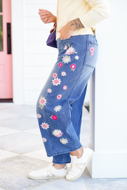 Medium Wash Denim Jeans with Floral Embroidery