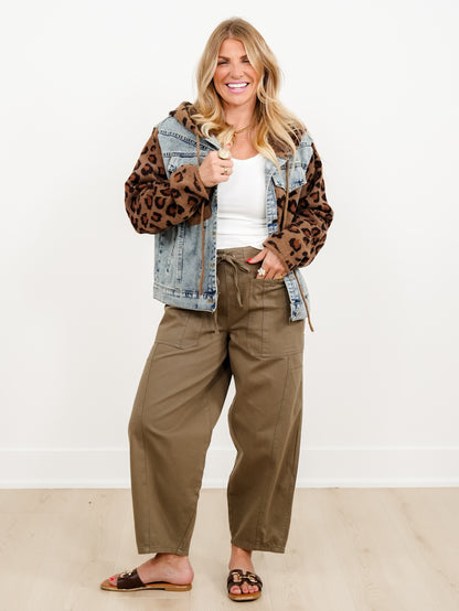 Contrast Animal Print Sleeve Hooded Jacket With Pockets