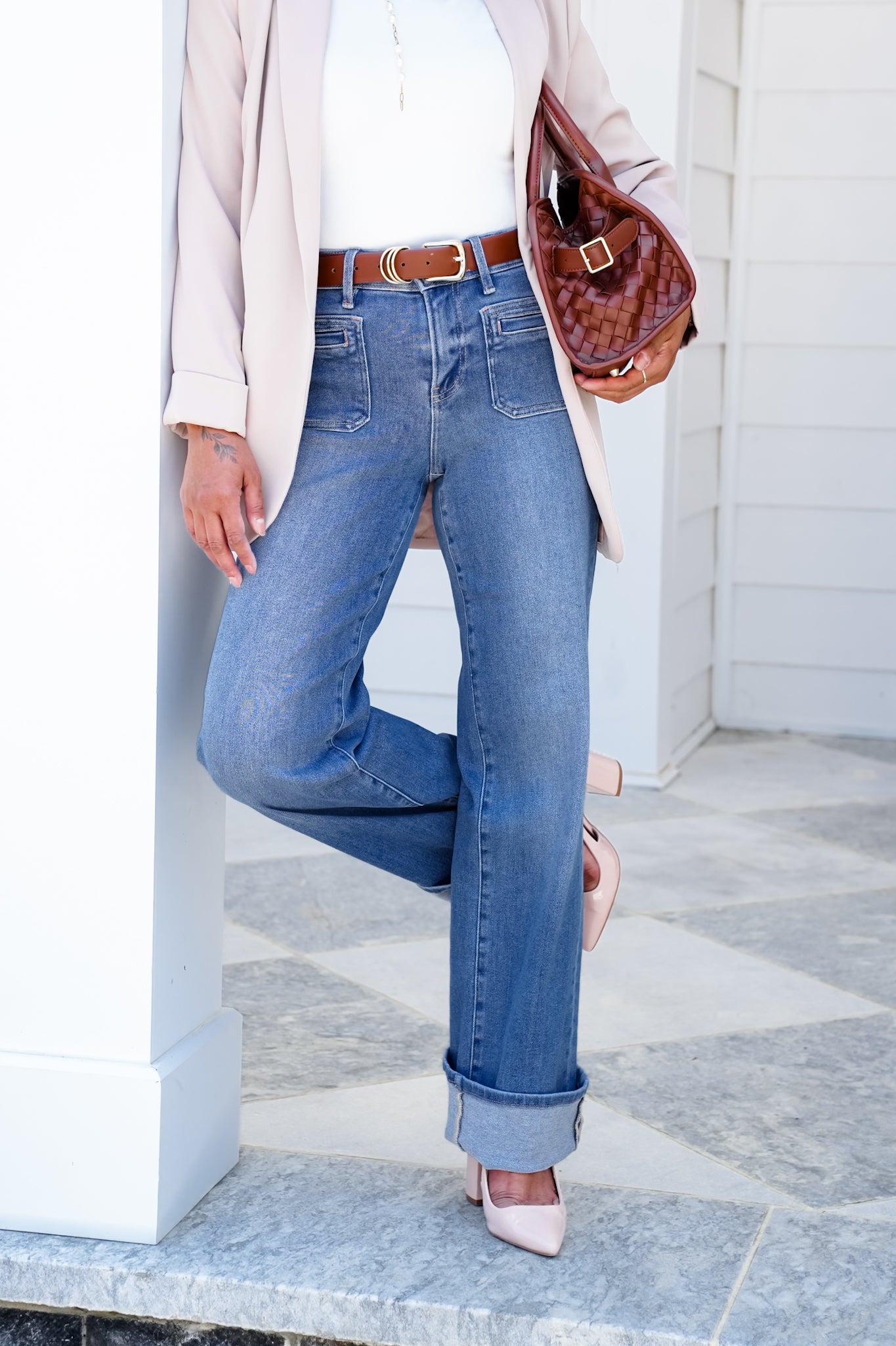 Risen High Rise Medium Wash Wide Leg Cuffed Front Patch Pocket Jeans with Elastic Waistband