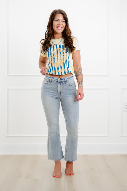 Judy Blue Mid Rise Light Wash Kick flare with Raw Hem