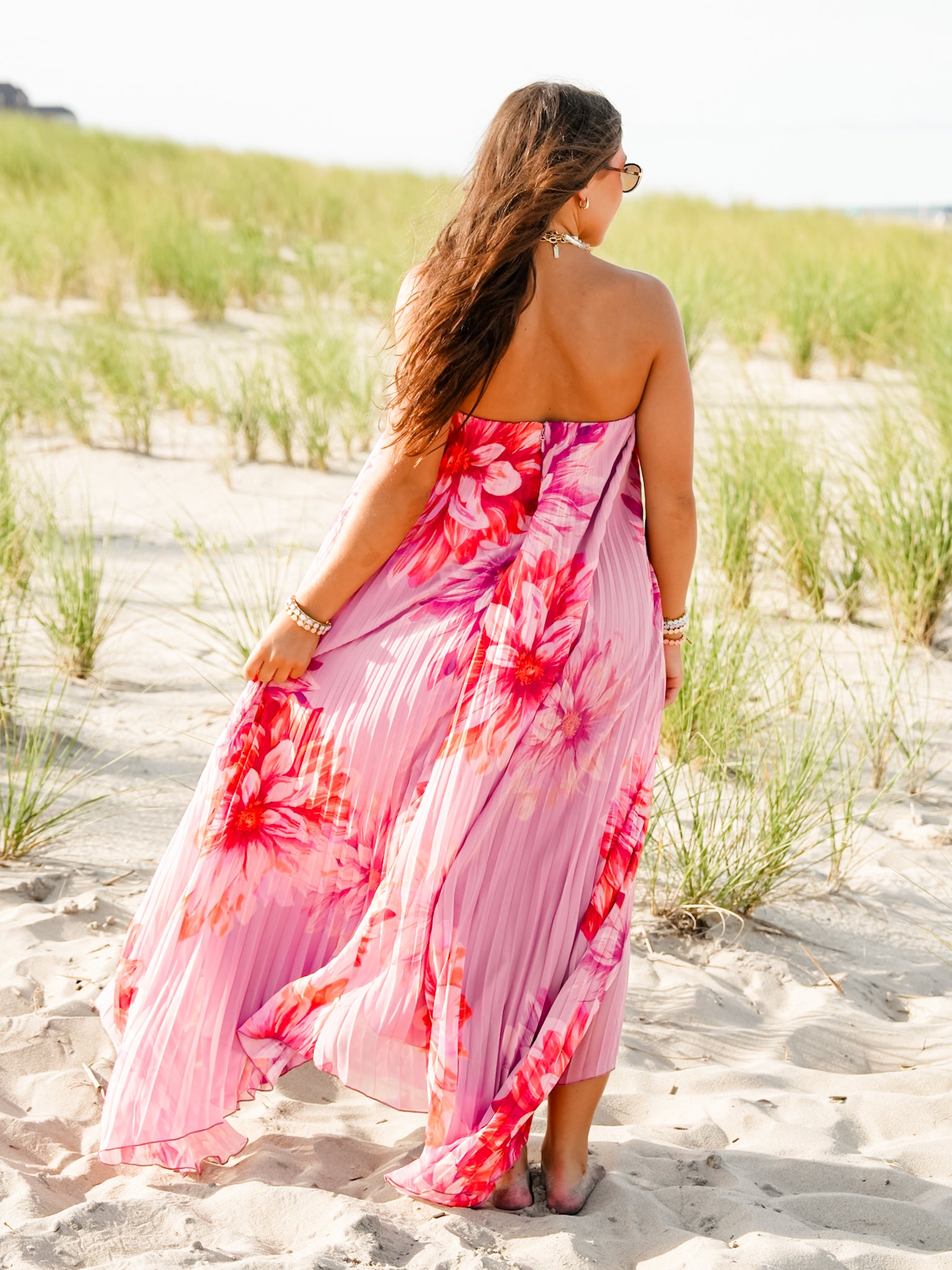 Floral Pleated Strapless Asymmetrical Hem Maxi Dress - Freckled Poppy