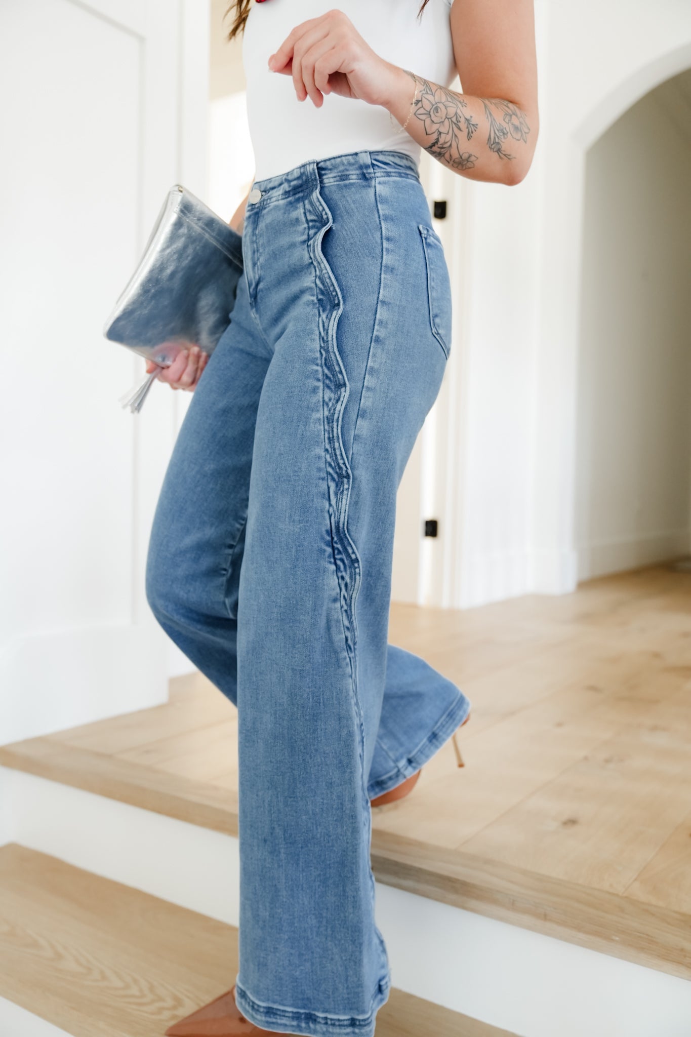 Risen High Rise Medium Wash Wide Leg Jeans with Scalloped Edge