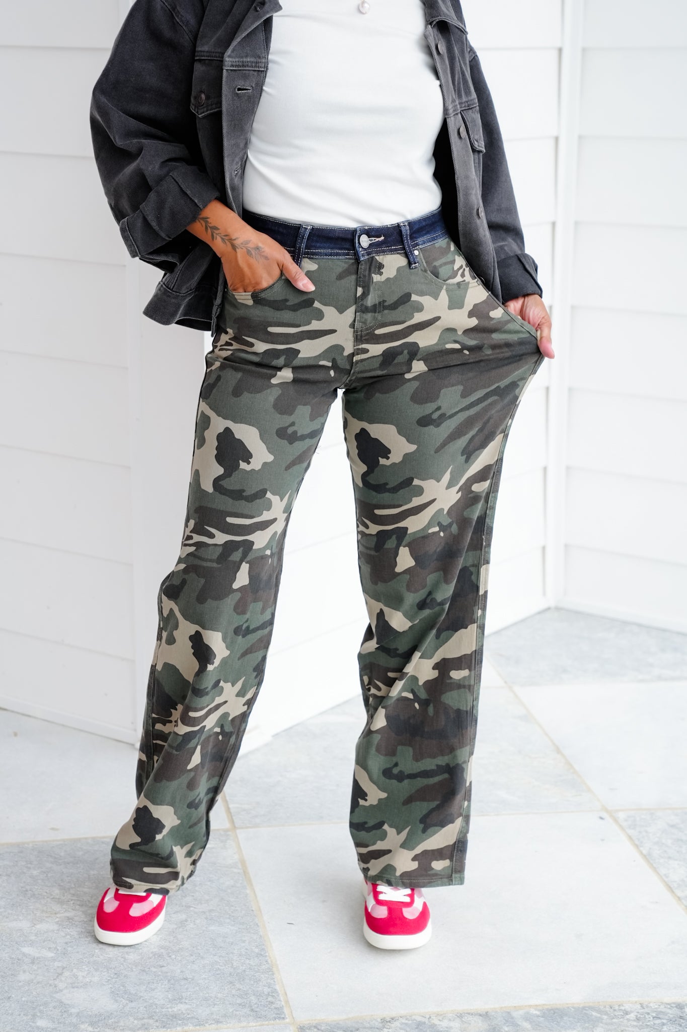 Risen Mid Rise Camo Wide Straight Leg Pants
