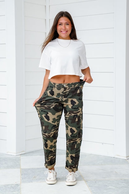Risen High Rise Camo Ankle Barrel Pants with Double Cuff