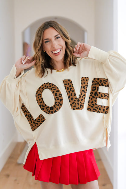 Plus/Reg Long Sleeve Leopard "LOVE" Patch Top with Reverse Seam Detail