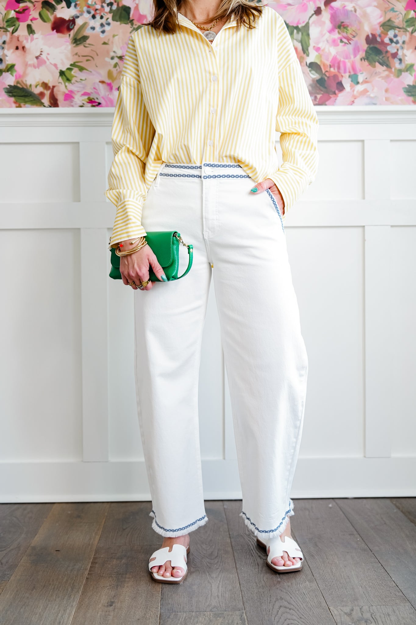 Risen High Rise Cream Tummy Control Embroidered Barrel Jeans