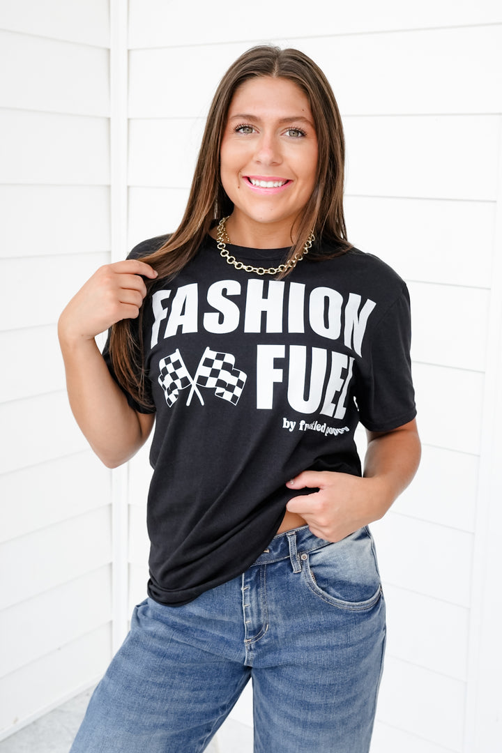 Plus/Reg Black Short Sleeve "Fashion Fuel By Freckled Poppy" Graphic Tee With Racing Flag