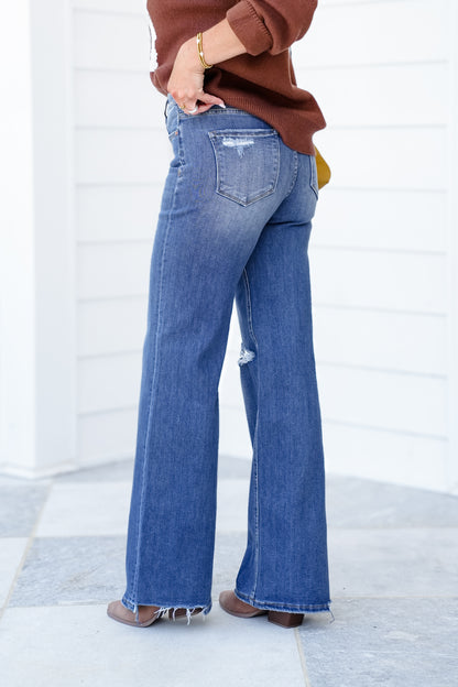 Risen High Rise Dark Wash Tummy Control Distressed Knee Wide Leg Jeans