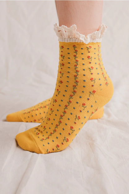 Floral Printed Crew Socks with Lace Trim